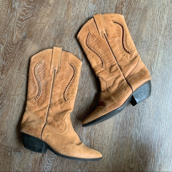 Vintage Southwestern Womens Cowhide Cognac Leather Western Cowboy Boots Mexico - Picture 1 of 9
